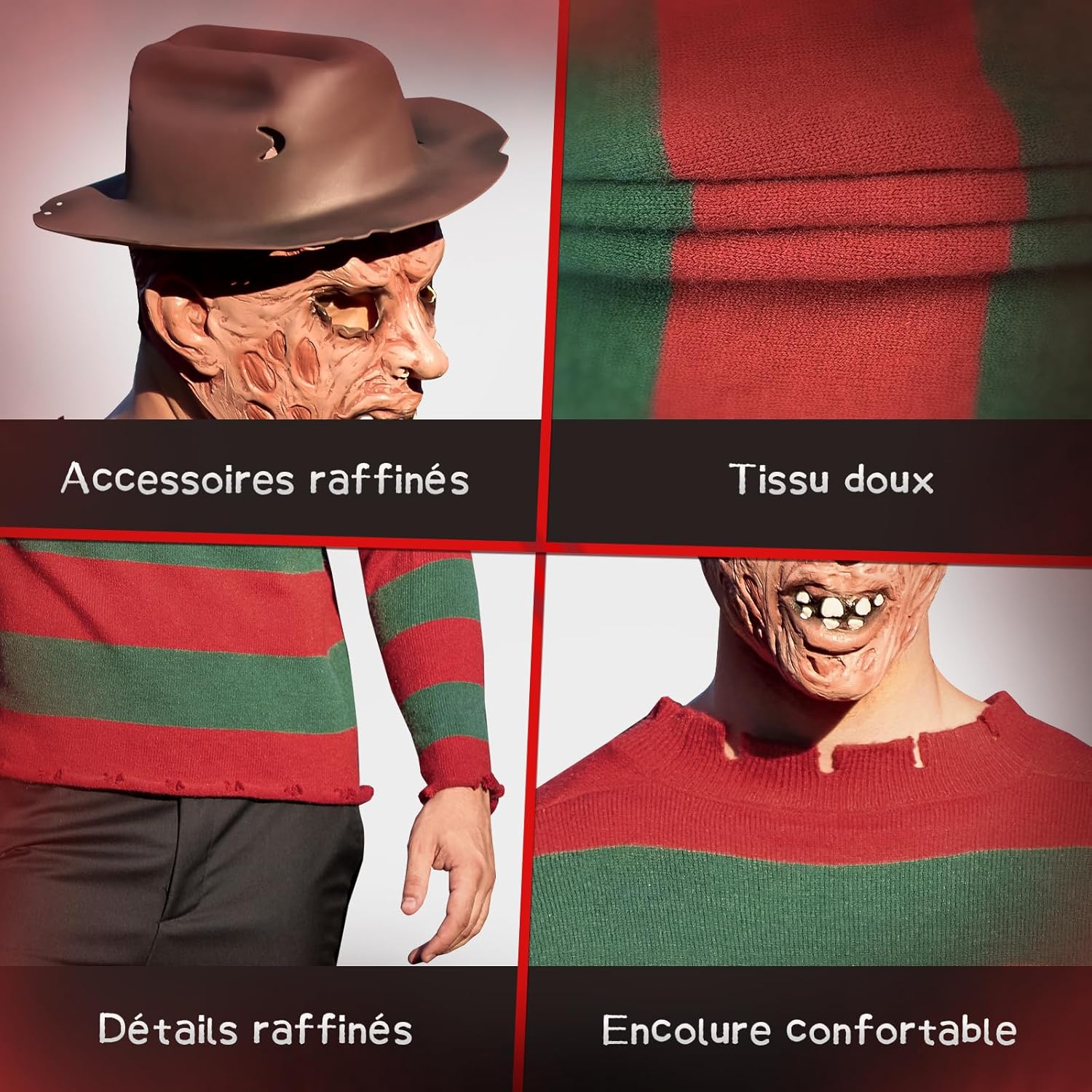 Kit de déguisement Freddy Krueger homme avec pull à rayures, chapeau et gant, 4 pièces – Image 4