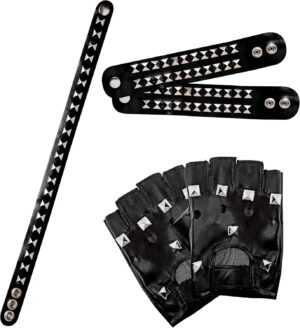 Set Harley Quinn biker en simili cuir avec gants, 2 bracelets et collier à rivets