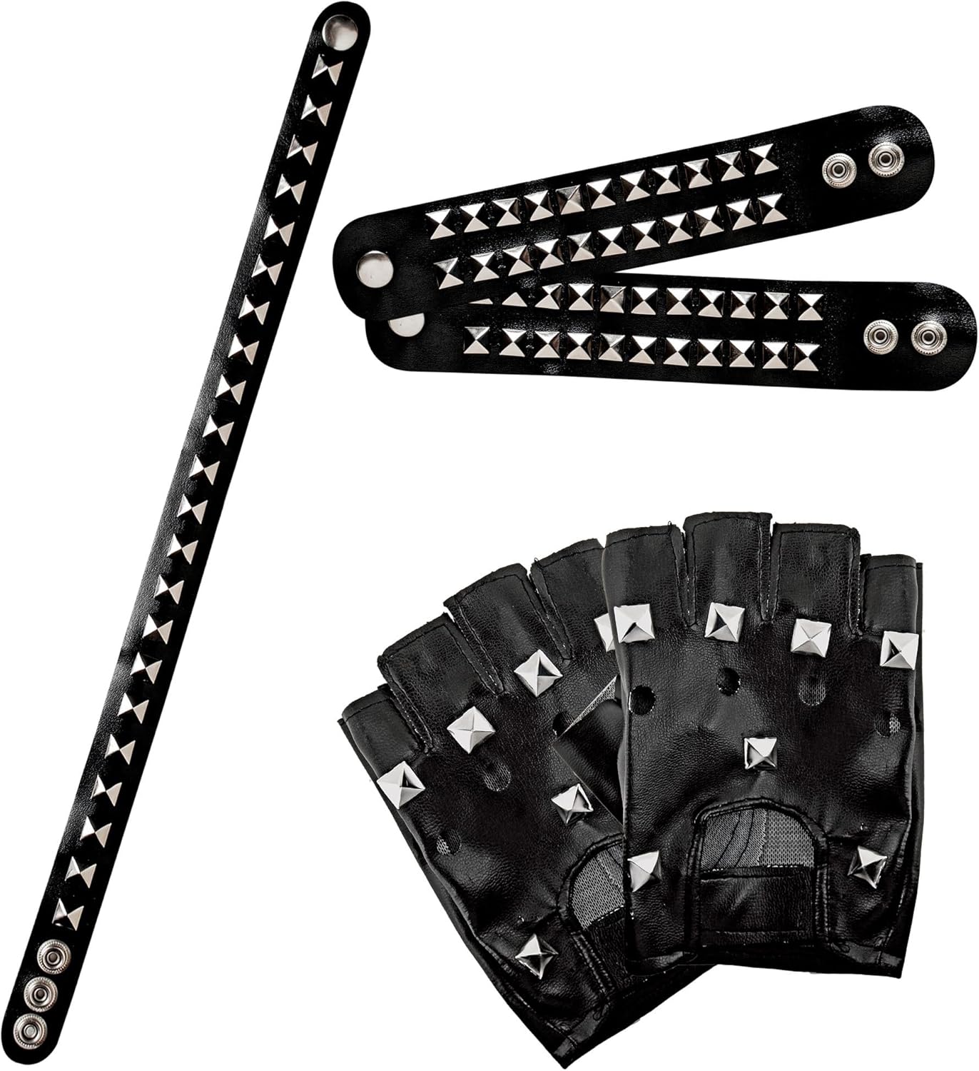 Set Harley Quinn biker en simili cuir avec gants, 2 bracelets et collier à rivets