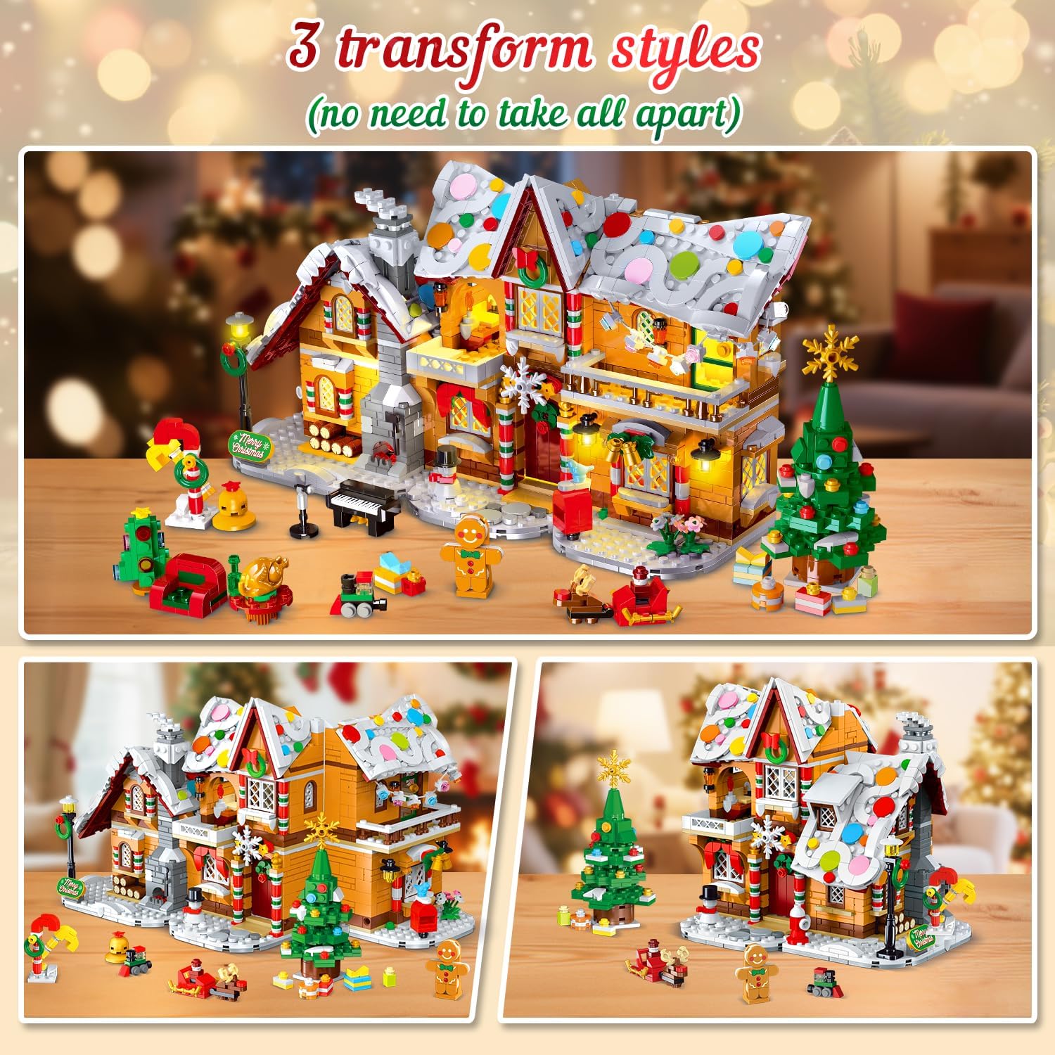 Maison en pain d’épice de Noël 2025 lumineuse, 1421 pièces avec Père Noël – Image 2