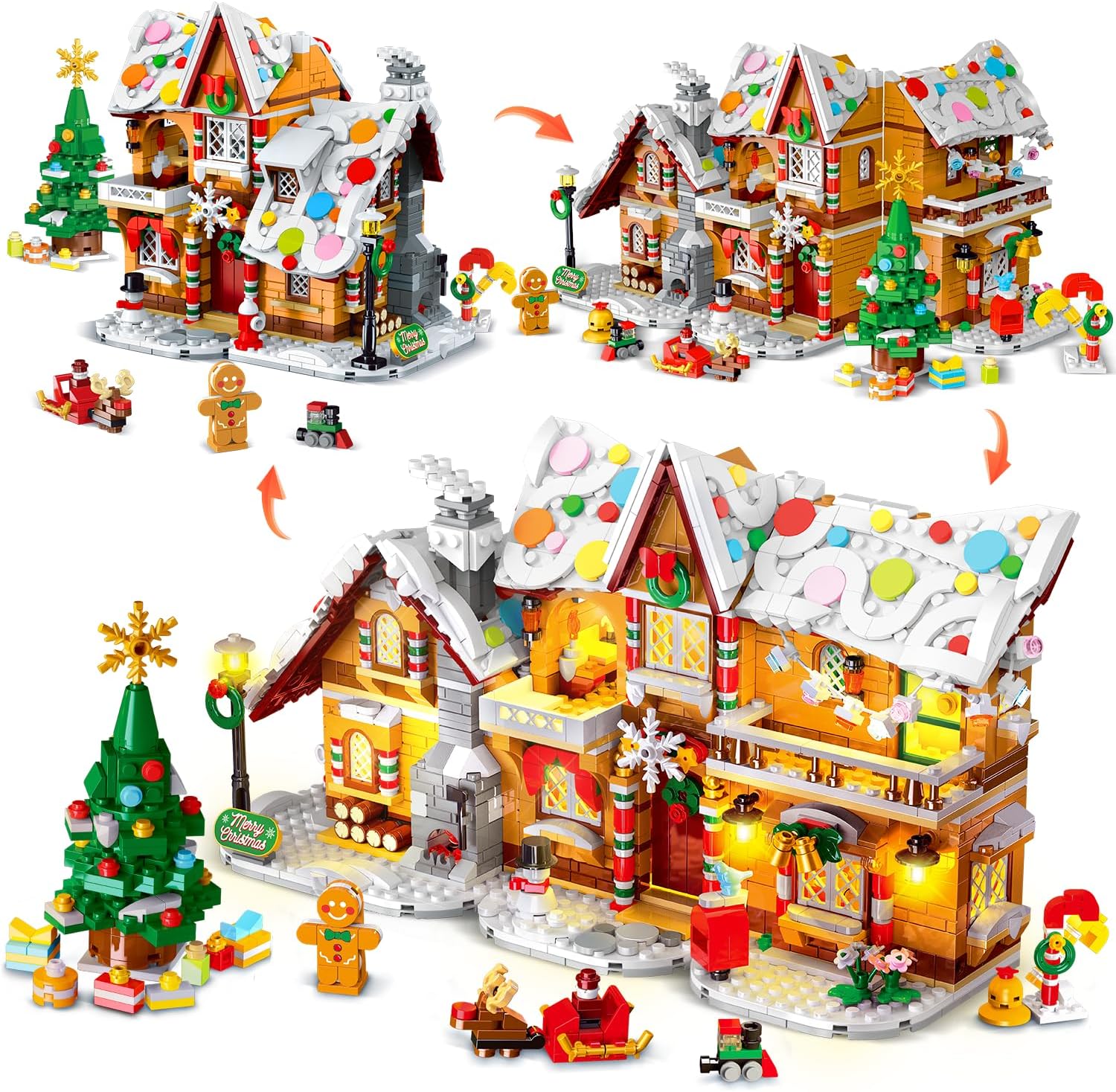 Maison en pain d’épice de Noël 2025 lumineuse, 1421 pièces avec Père Noël
