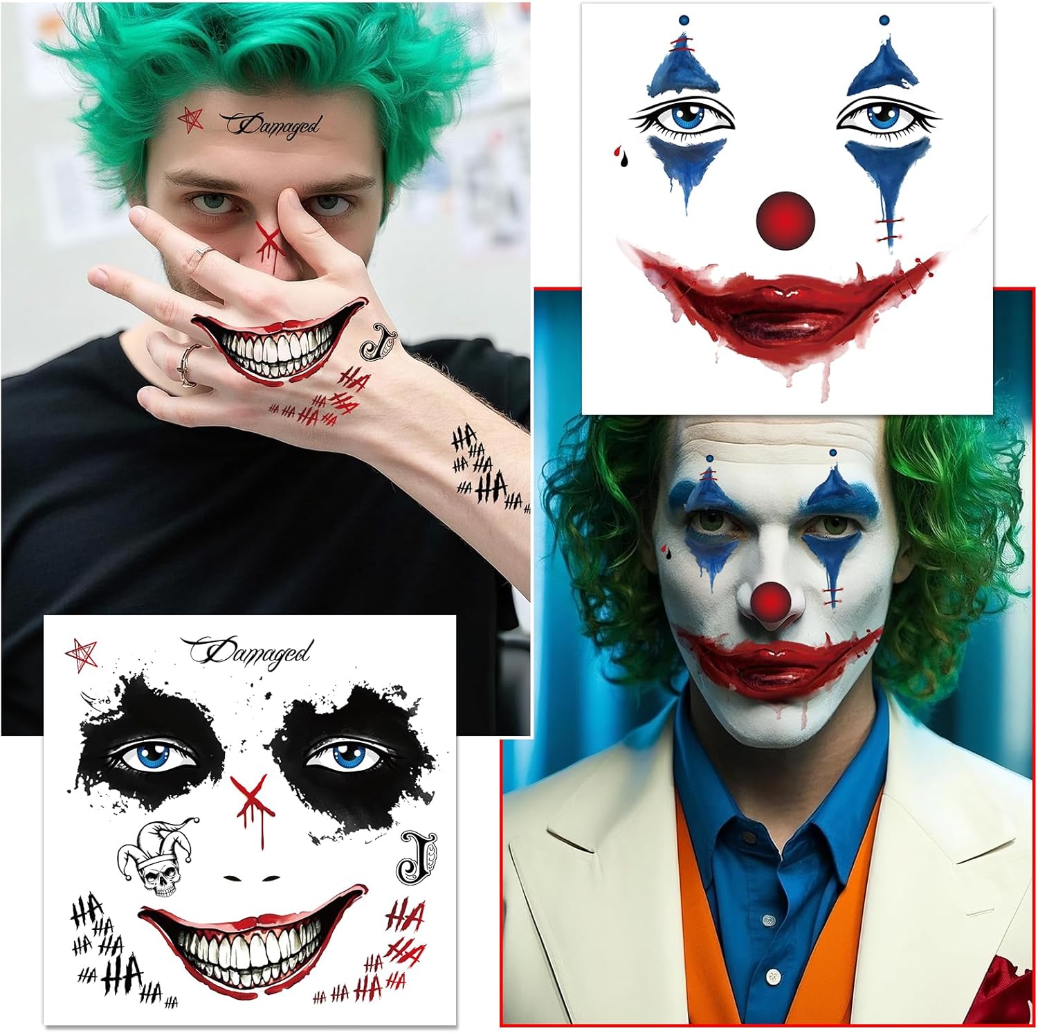 Tatouage visage Joker avec strass, kit Halloween 2 planches – Image 4