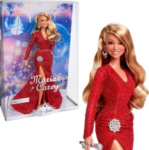 Poupée Barbie Mariah Carey avec robe de soirée rouge brillante et socle