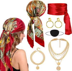 Ensemble pirate femme rouge avec bandana, cache-œil et bijoux